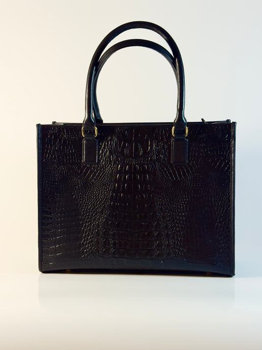 Black croc embossed Leather Satchel